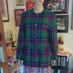 Vintage 1970s Avoca Collection Blue/Green Plaid Wool Blazer Made In Ireland